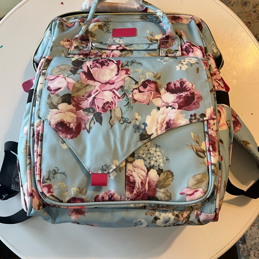 Diaper bag backpack - Pink Rose on Light Blue